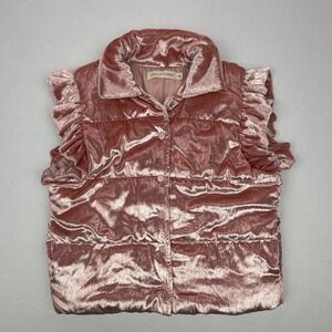Grace+Emma Pink Velvet Ruffle Puffer Vest XL Quilted Snap Front Sleeveless